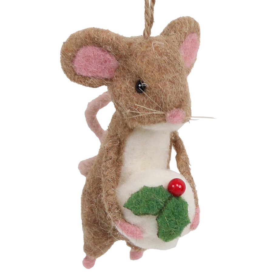 ORN WOOL MOUSE 5" BROWN/WHITE HOLDING A CAKE