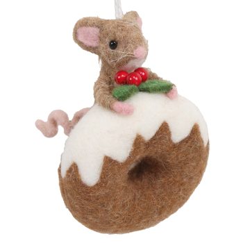ORN WOOL BAKERY MOUSE 3.5" BROWN/WHITE ON A DONUT