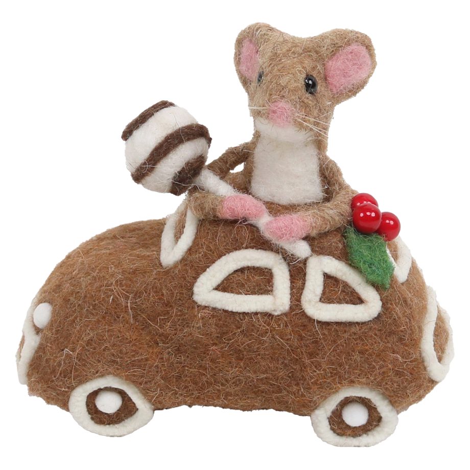 ORN WOOL BAKERY MOUSE BAKERY TABLE DECOR 4.5" BROWN/WHITE ON A CAR