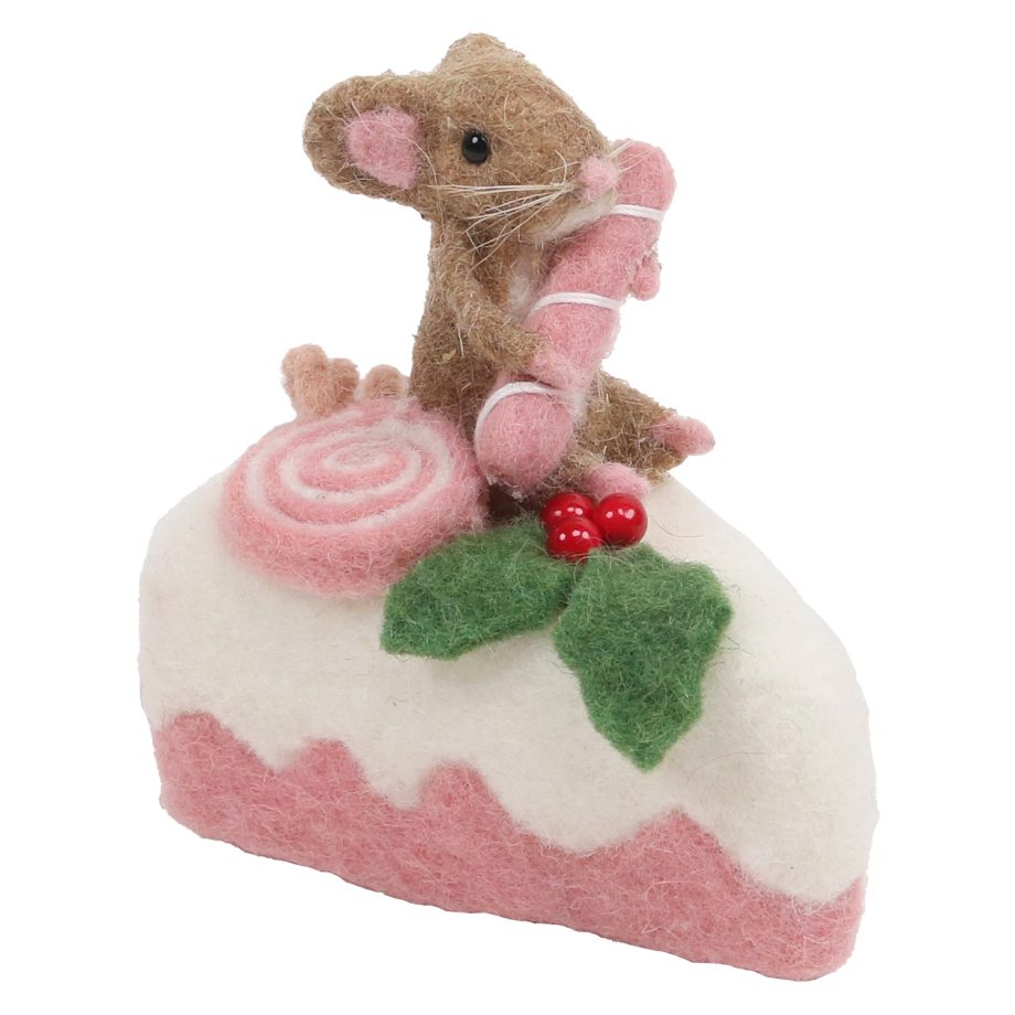 ORN WOOL BAKERY MOUSE  MOUSE TABLE DECOR 5" BROWN/WHITE ON A CAKE