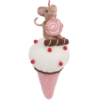 ORN WOOL BAKERY MOUSE 9" BROWN/WHITE ON AN ICE CREAM
