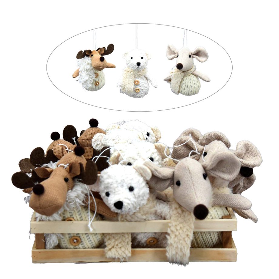 ORN PLUSH MOOSE, BEAR & MOUSE PLUSH 5" CREAM/NATURAL 3 ASSTD.