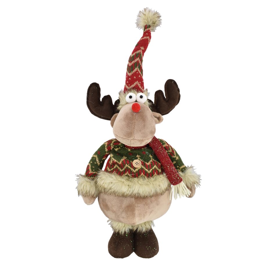 PLUSH REINDEER STANDING 22" W/ SANTA HAT RED/GREEN