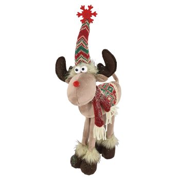 PLUSH REINDEER STANDING 15" W/ SNOWFLAKE SANTA HAT RED/GREEN