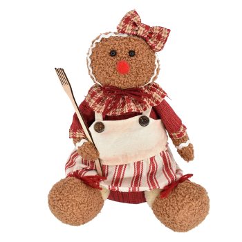 PLUSH GINGERBREAD GIRL SITTING 10" W/ FORK RED/BROWN