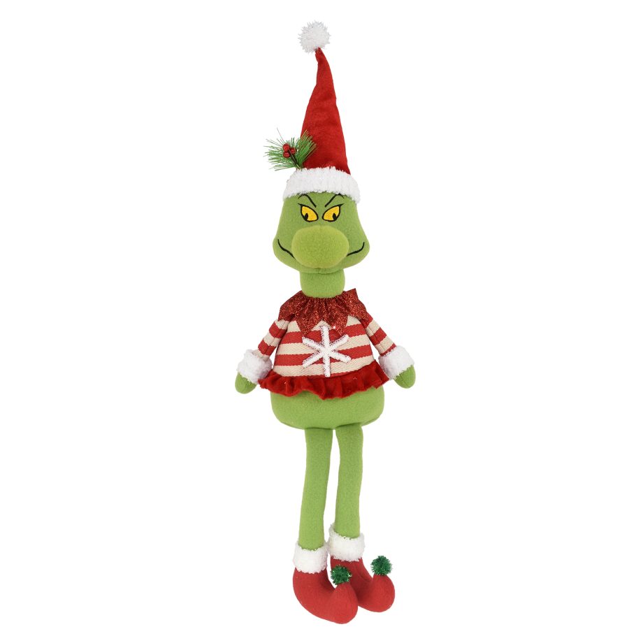 PLUSH GRINCH SITTING DANGLING LEGS 25" W/ SNOWFLAKE SWEATER RED/GREEN