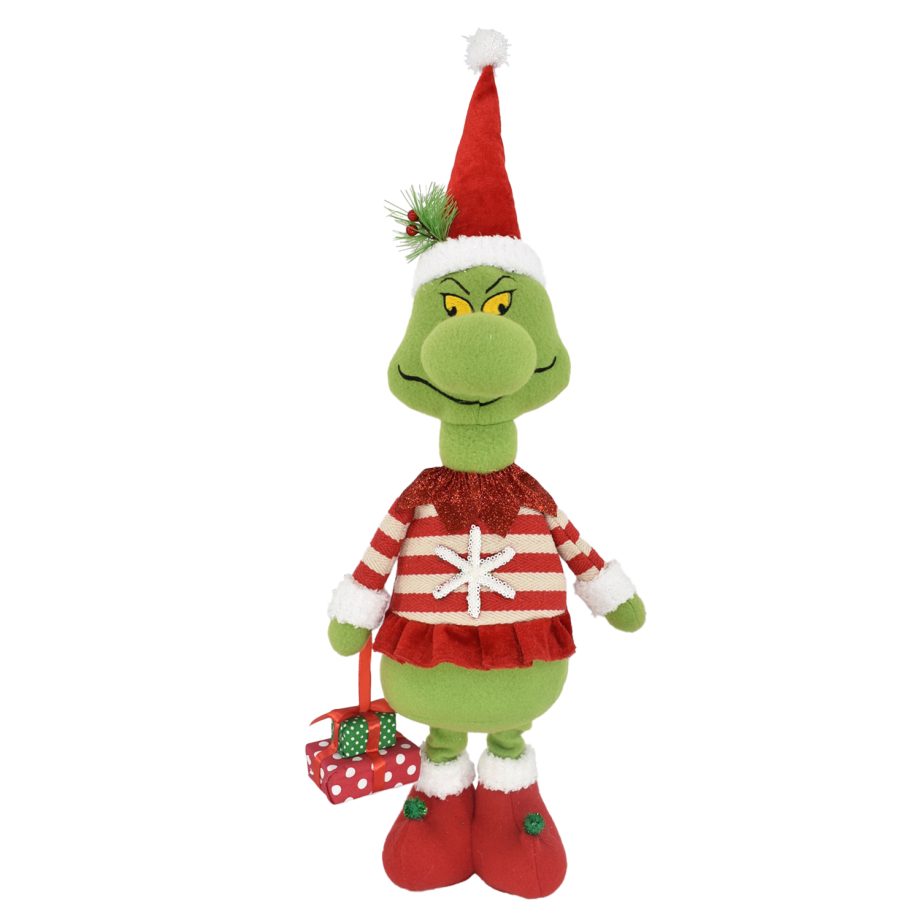 PLUSH GRINCH STANDING 23" W/ SNOWFLAKE SWEATER & GIFT RED/GREEN