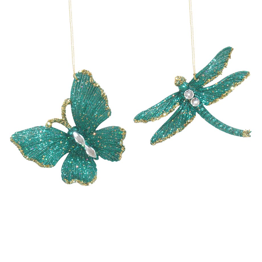 ORN PEACOCK BUTTERFLY & DRAGONFLY 4" W/ JEWEL & GOLD GLTR. 2/S