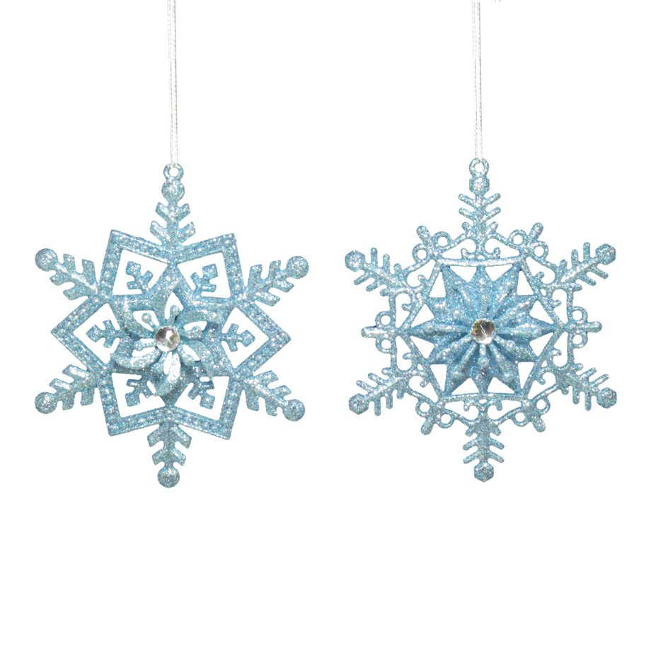 ORN BLUE WINTER SNOWFLAKE 4.75" W/ JEWEL & GLTR. 2/S