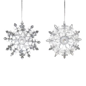 ORN CLEAR WHITE SNOWFLAKE 4.9" W/ GLTR. 2 ASSTD.