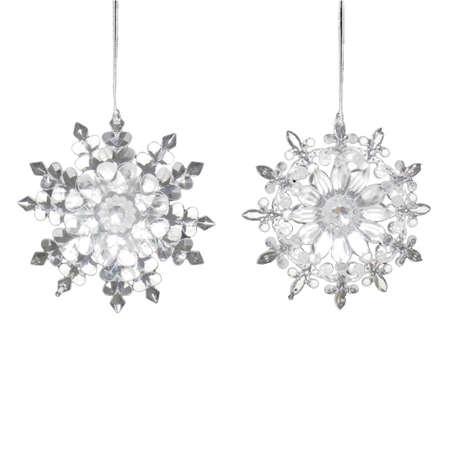 ORN CLEAR WHITE SNOWFLAKE 4.9" W/ GLTR. 2 ASSTD.