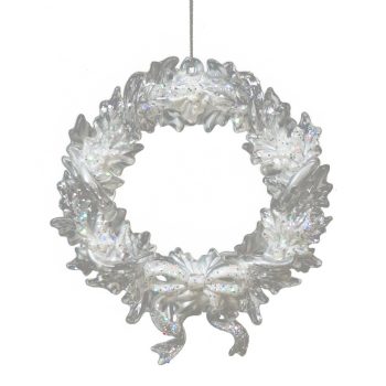 ORN CLEAR PEARL HOLLY WREATH 5.7" W/ ICE WHITE GLITTER