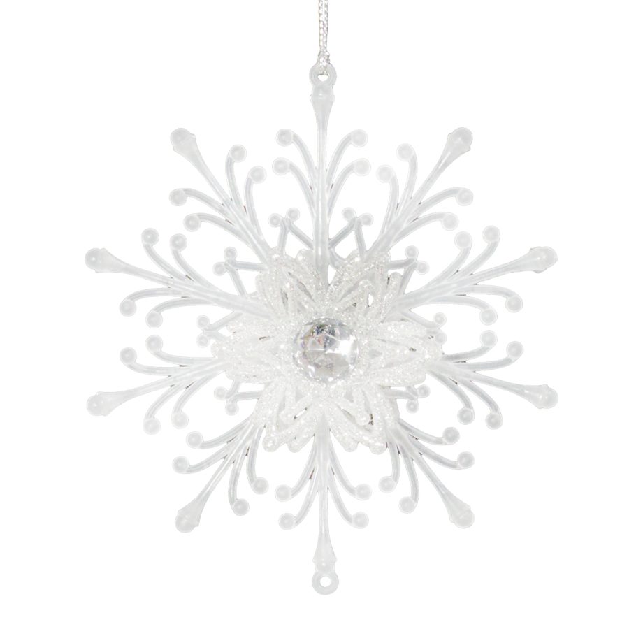 ORN CLEAR FROST SNOWFLAKE 5" W/ JEWEL & BRIGHT SLV. GLTR.
