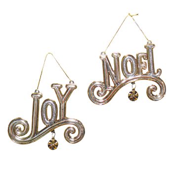 ORN CLEAR GOLD GILT JOY & NOEL 3.25" &3.75" W/ GLTR.
