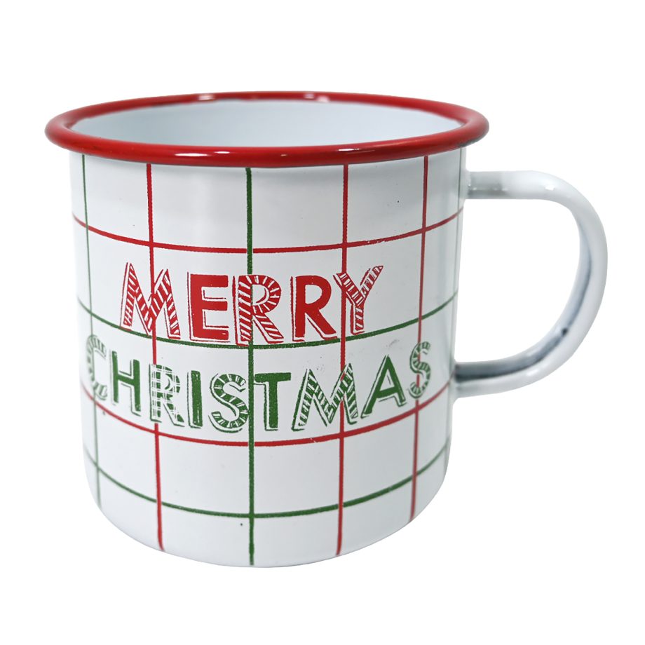 METAL ENAMEL MUG 3.7" MERRY CHRISTMAS RED/WHT
