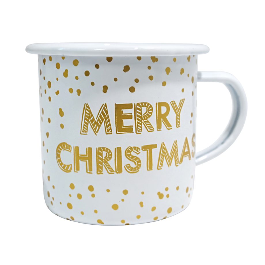 METAL ENAMEL MUG 3" MERRY CHRISTMAS GOLD/WHT