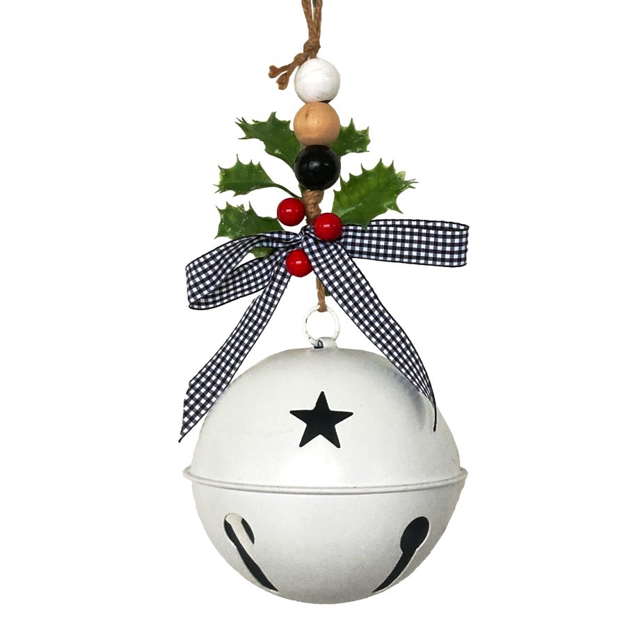 JINGLE BELL WHITE SHINY 5.5" W/ RIBBON & HOLLY BERY HANGER