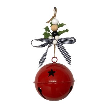 JINGLE BELL RED SHINY 5.5" W/ RIBBON & HOLLY BERRY HANGER