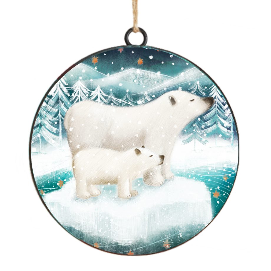 ORN METAL DISC 4" POLAR BEAR BLUE WINTER SCENE