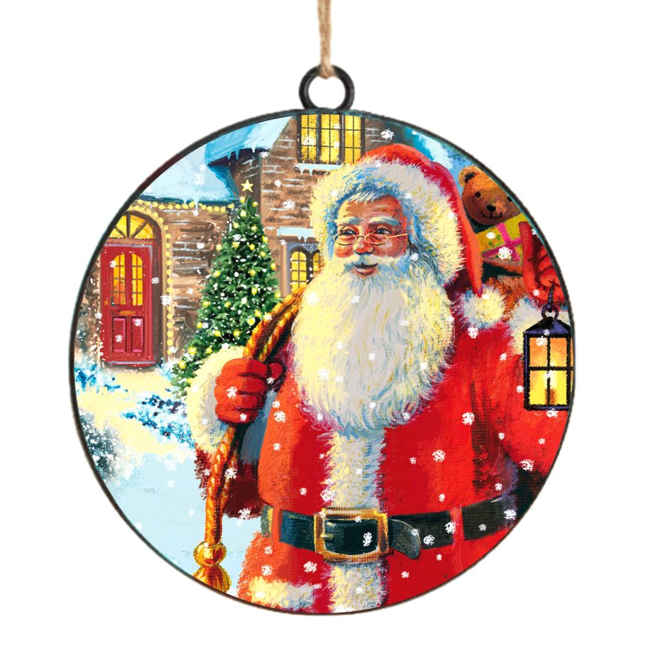 ORN METAL DISC 4" VINTAGE SANTA