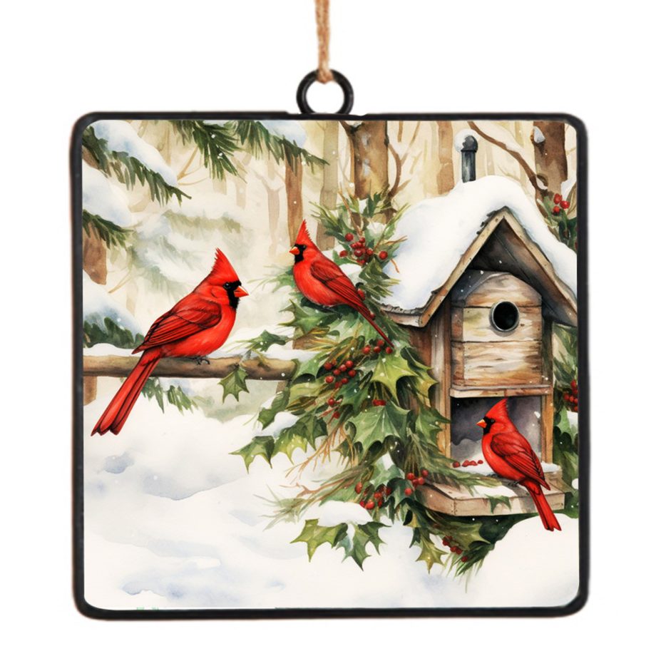 ORN METAL SQUARE DISC 4" CARDINAL & BIRDHOUSE