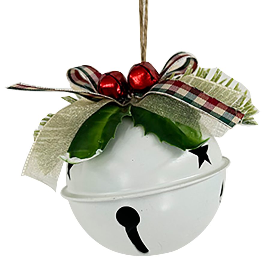 JINGLE BELL WHITE SHINY 3" W/ PINE & SHEER BOW