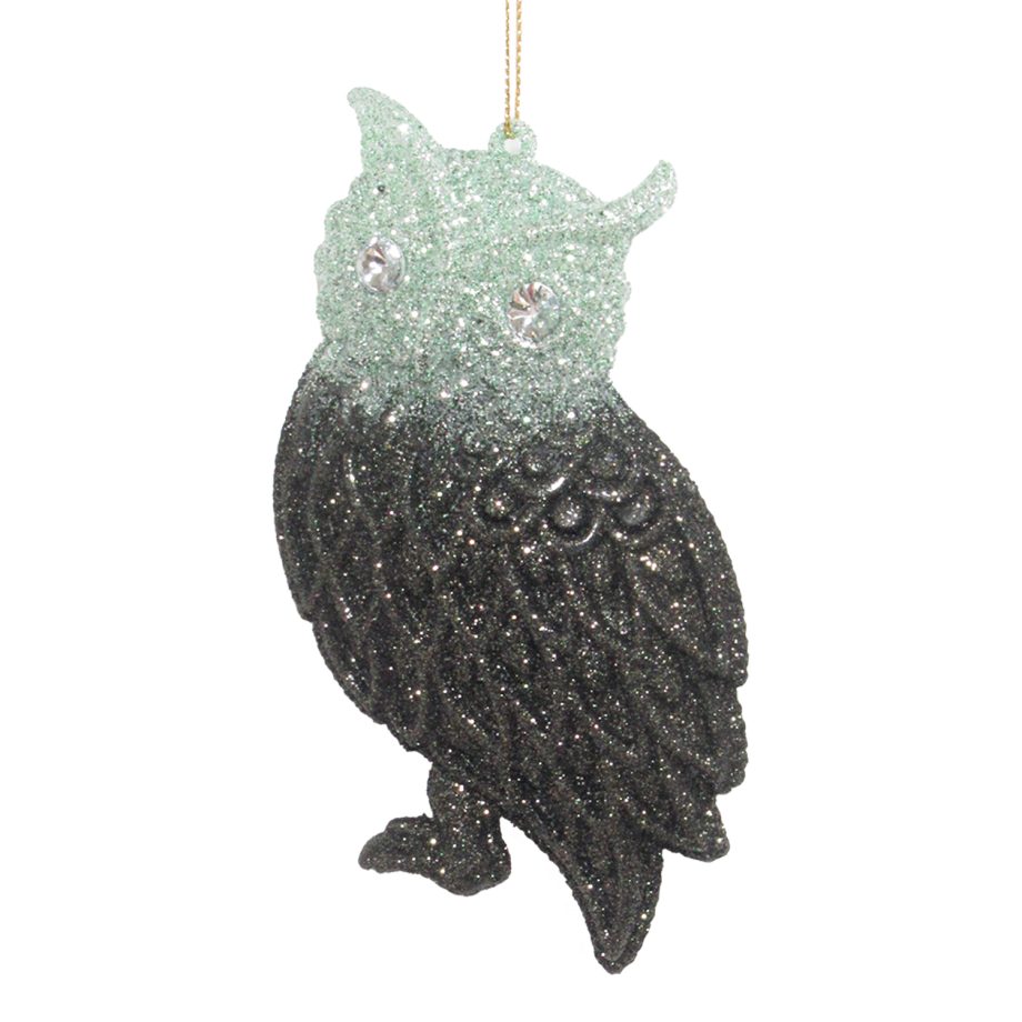 ORN MINT/DK FOREST GRN OWL 5" W/ JEWEL EYES & GLTR.