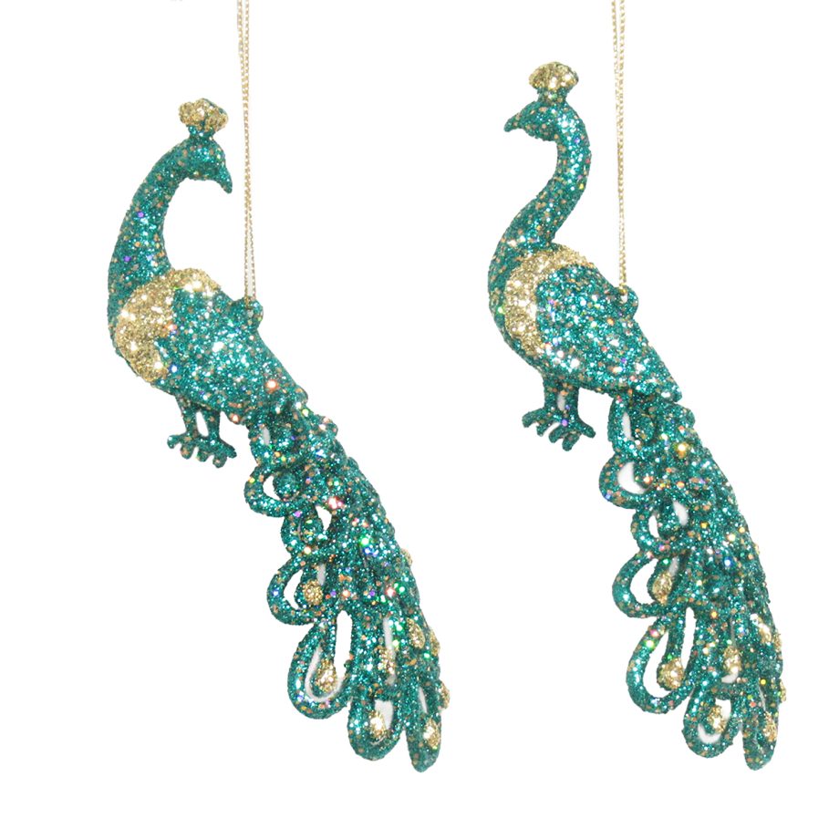 ORN PEACOCK CLR PEACOCK 6" & 6.5" W/ GOLG GLTR. 2/S