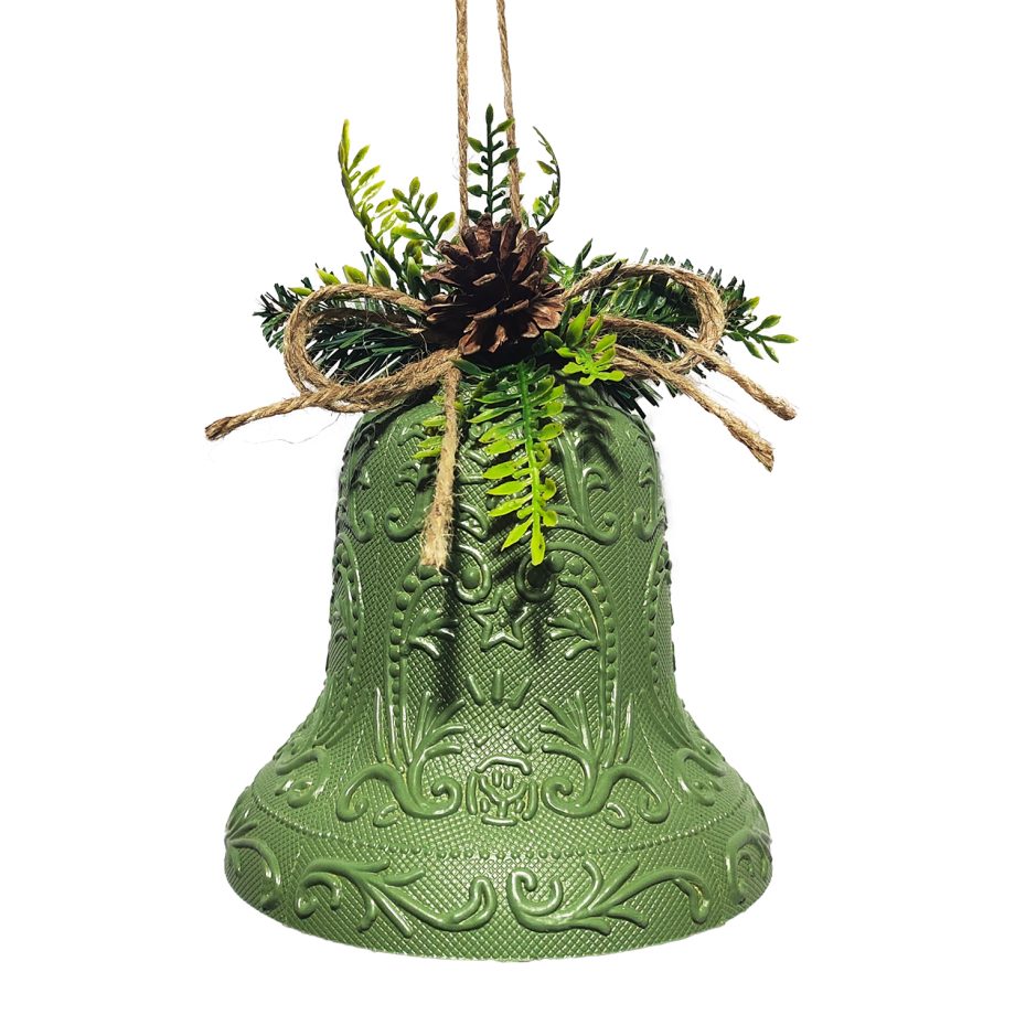 LIBERTY BELL EMBOSSED PVC GREEN ANTIQUE 6" W/ PINE & CONE