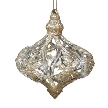 ORN CLEAR GOLD ONION DROP 3.75" W/ SNOWFLAKE & GOLD GLTR.