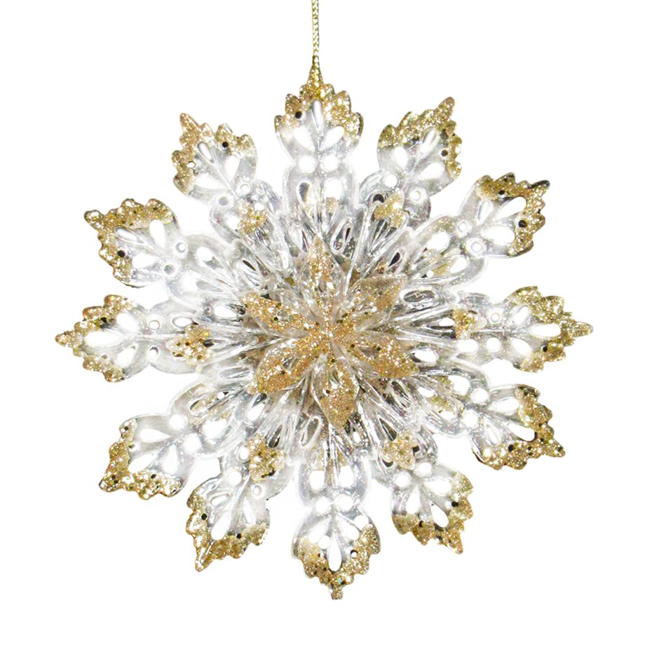 ORN CLEAR GOLD ENGRAVED SNOWFLAKE 5" W/ LT GOLD GLTR.