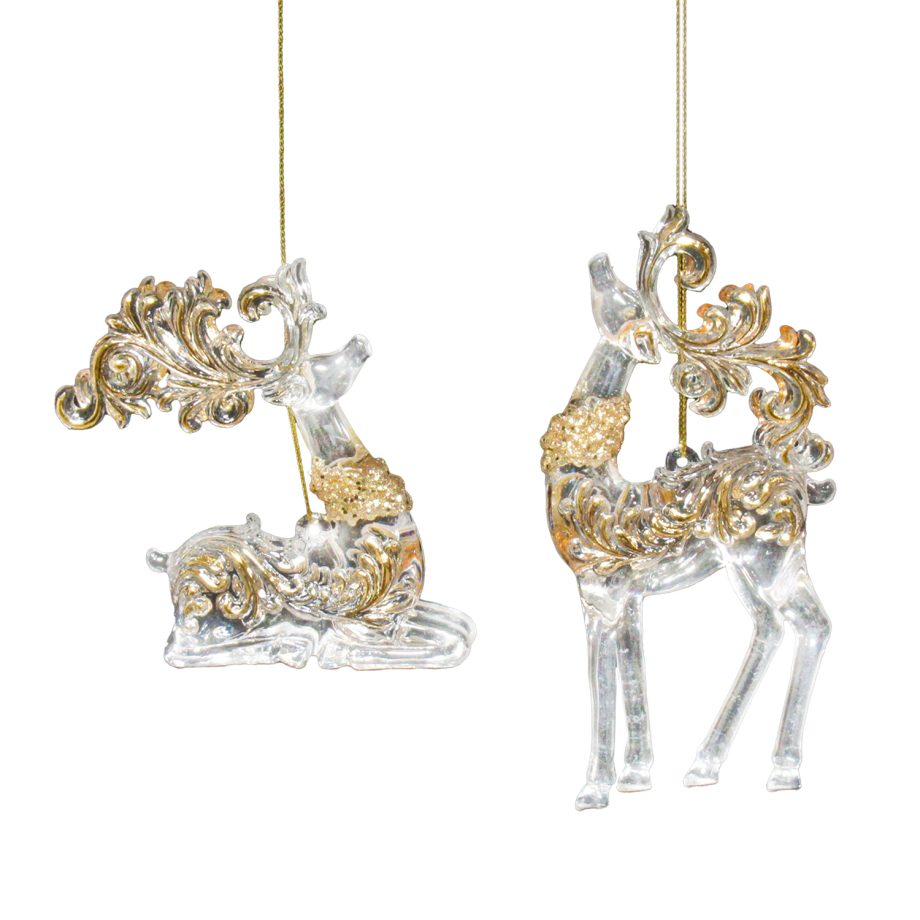 ORN CLEAR GOLD DEER 3.5" & 5.5" W/ GOLD GLTR., 2 ASSTD.