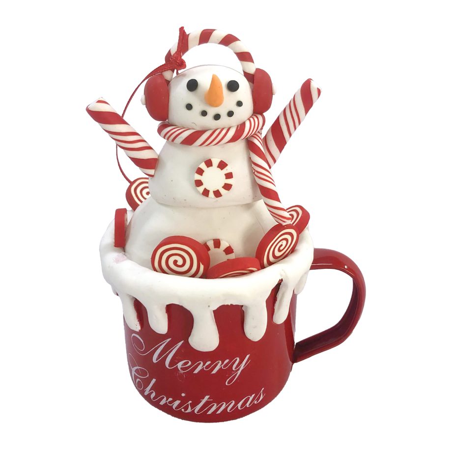 ORN CANDY CANE SNOWMAN IN A CUP 4.6" CLAY DOUGH