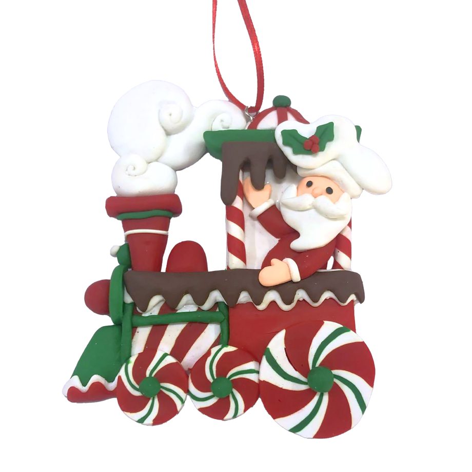 ORN CANY CANE SANTA ON A TRAIN 4.3" CLAY DOUGH