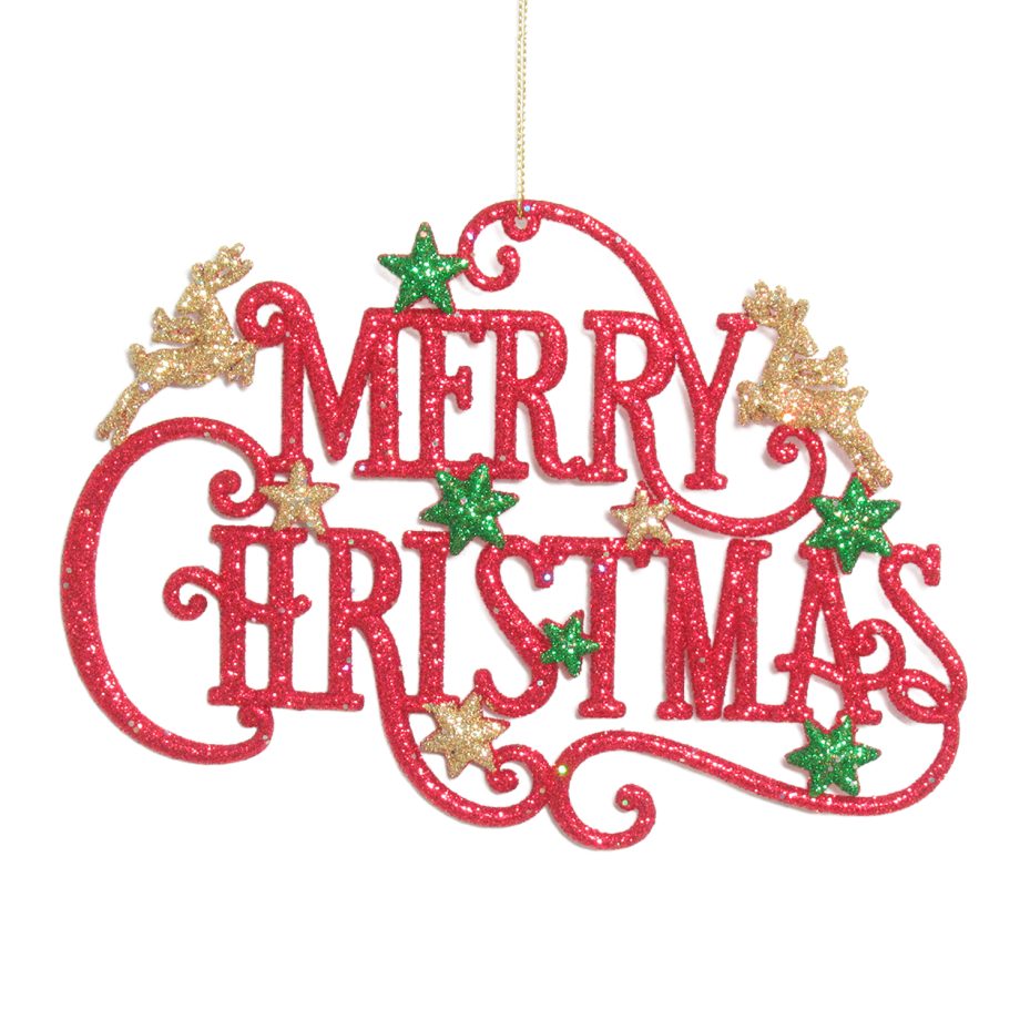 ORN RED/GRN/GLD MERRY CHRISTMAS 7"x5" "MERRY CHRISTMAS" W/ DEER, STARS, & GLTR.
