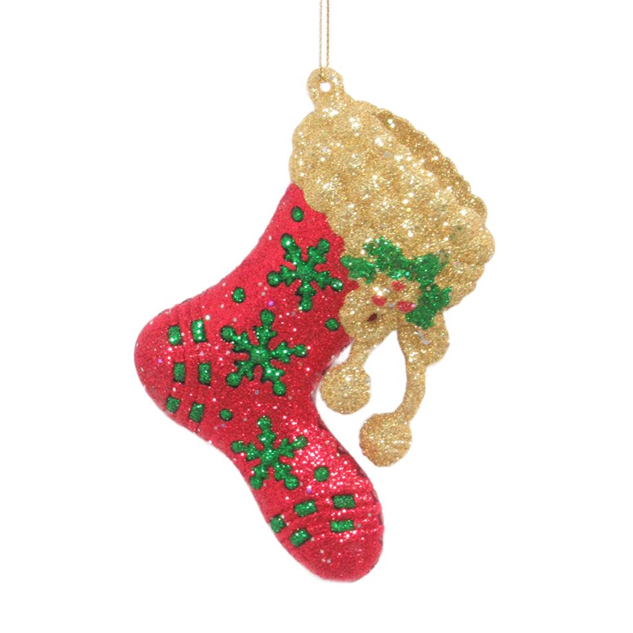 ORN RED/GRN/GLD STOCKING 4.5" W/ SNOWFLAKE & GLTR.