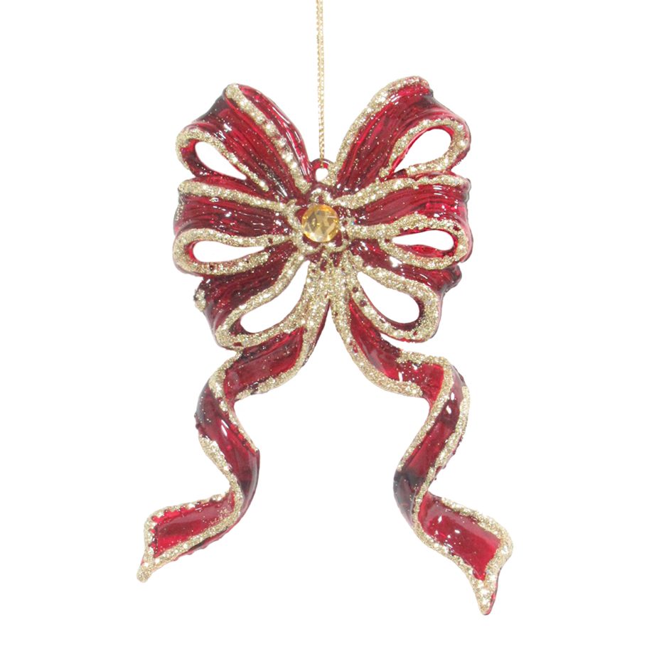 ORN RED /GOLD BOW LONG TAIL 5.5" CLEAR W. GOLD GLTR.