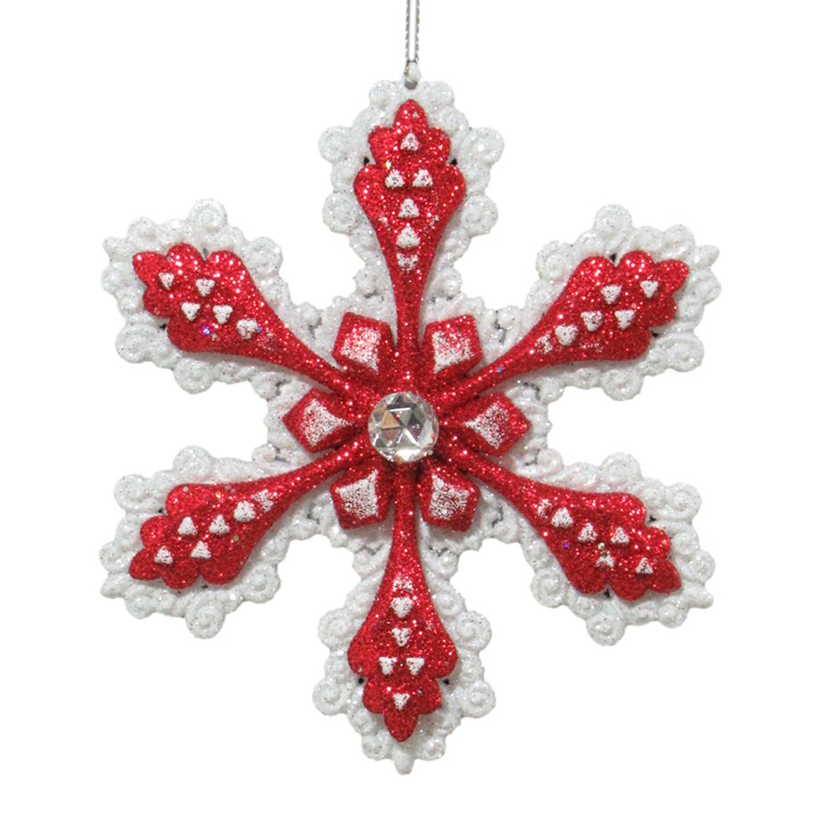 ORN RED/WHITE SNOWFLAKE 4.75" W/ JEWEL & GLTR.