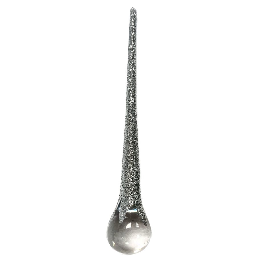 ORN CLEAR SILVER ICICLE DROP 8" W/ GLITTER
