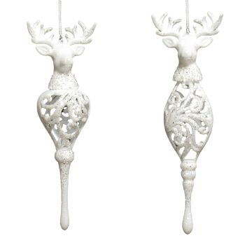ORN WHITE STAG HEAD DROP 7.5" & 7.75" W/ FROST GLTR. 2/S