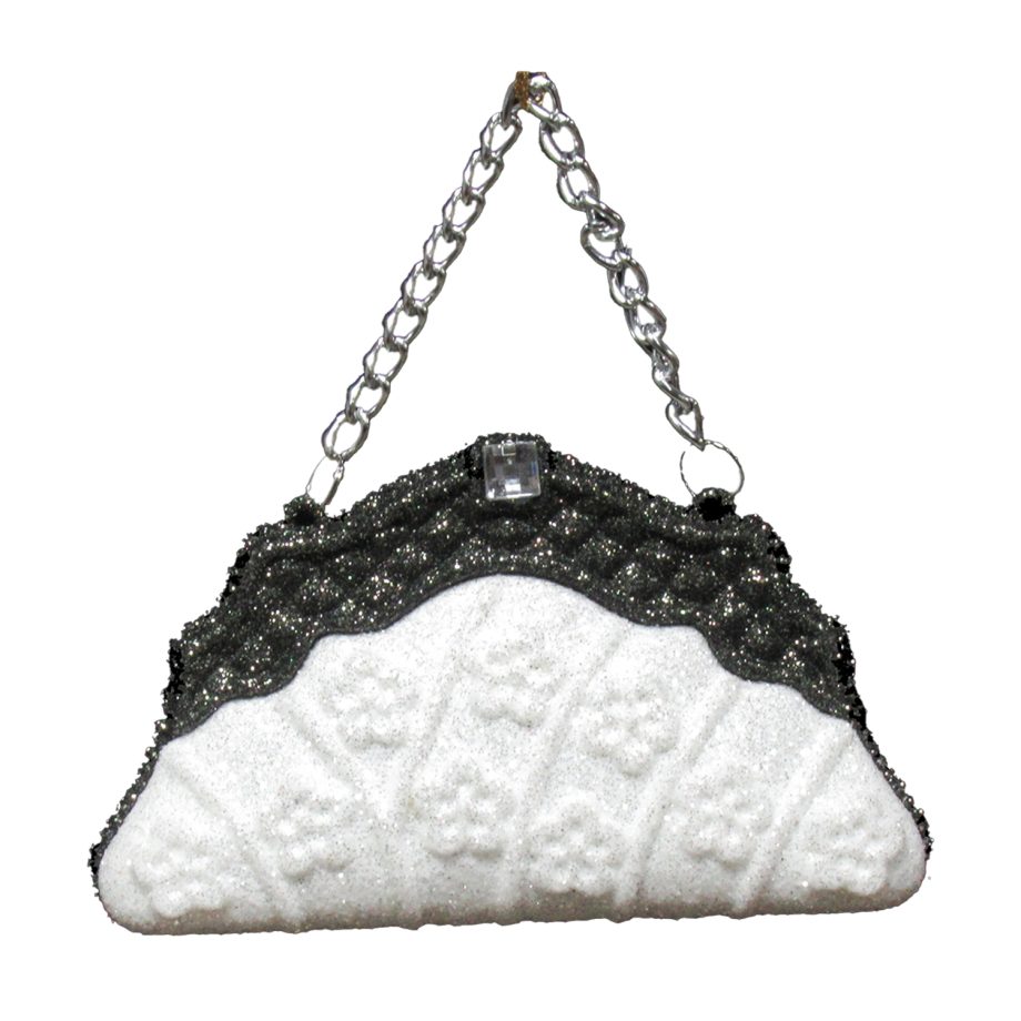 ORN BLACK/WHITE HAND BAG 3" W/ CHAIN, JEWEL & GLTR.