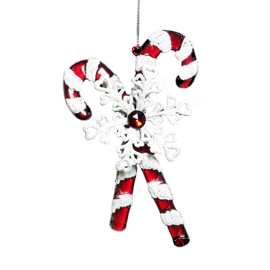 ORN RED/WHITE CANDY CANE 4.5" W/ JEWEL, SNOWFLAKE & GLTR.