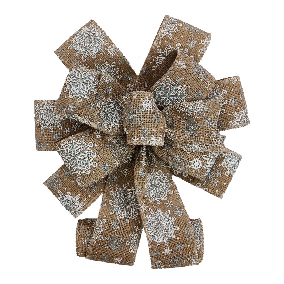 BOW TREE TOPPER 11"x31" BURLAP W/ WHITE SNOWFLAKE