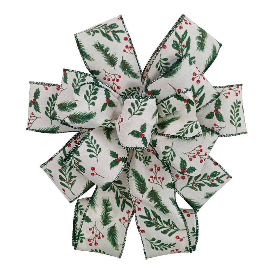 BOW TREE TOPPER 11"x31" GREEN W/ HOLY BERRY