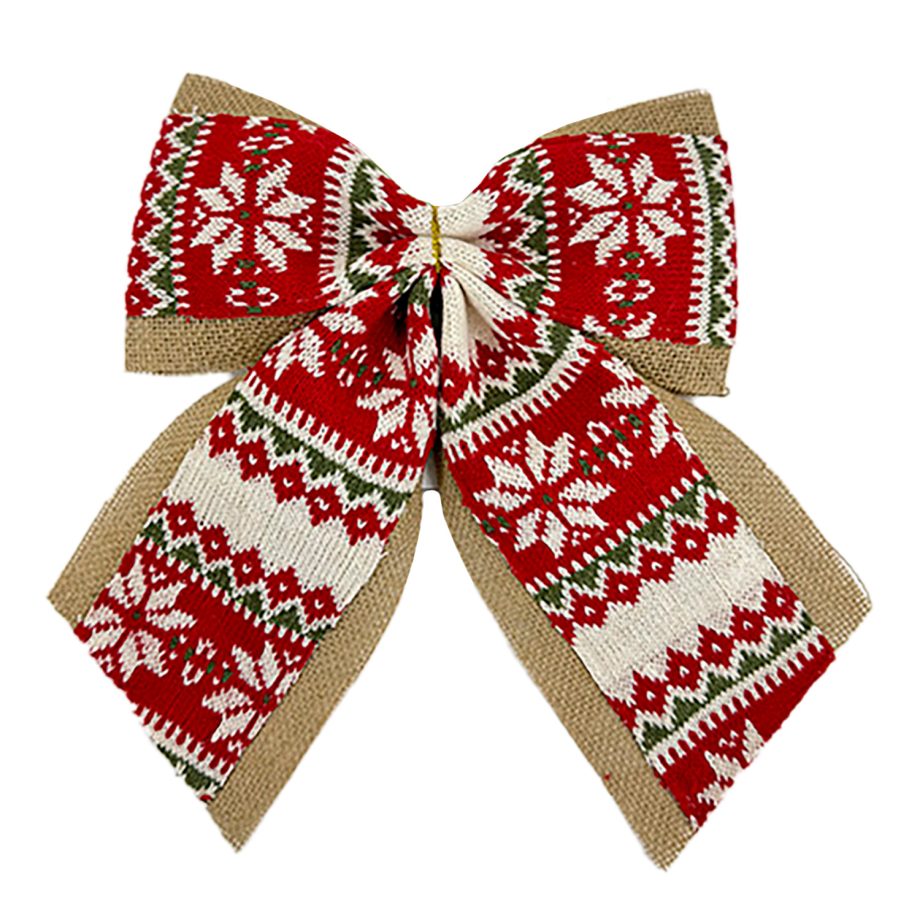 BOW BURLAP/KNITTED FABRIC RED/WHITE 12" W/ NORDIC PRINT