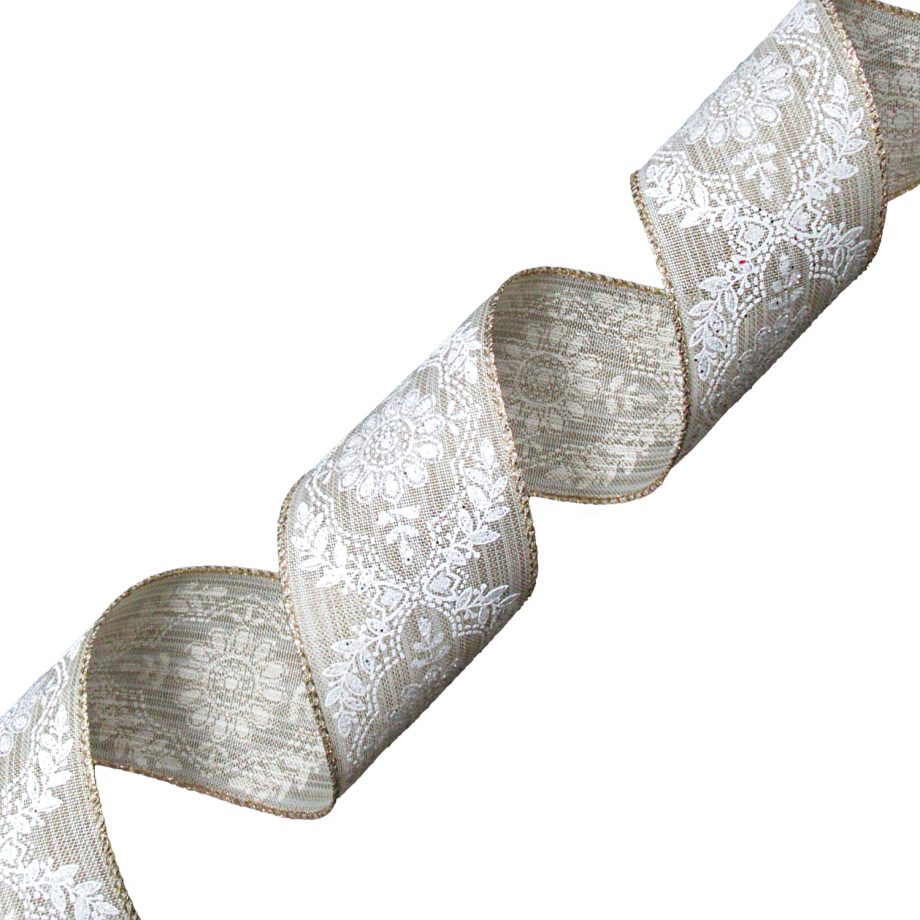 WIRED RIBBON 2.5"x10 YDS. STRIP BURLAP W/ WHITE ROYAL FLORAL