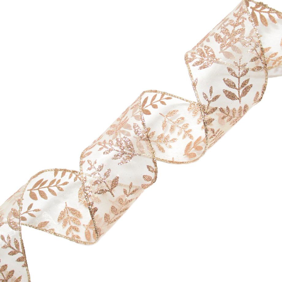 WIRED RIBBON 2.5"x10 YDS. ROSE GOLD SHEER W/ GLITTER LEAF VINE