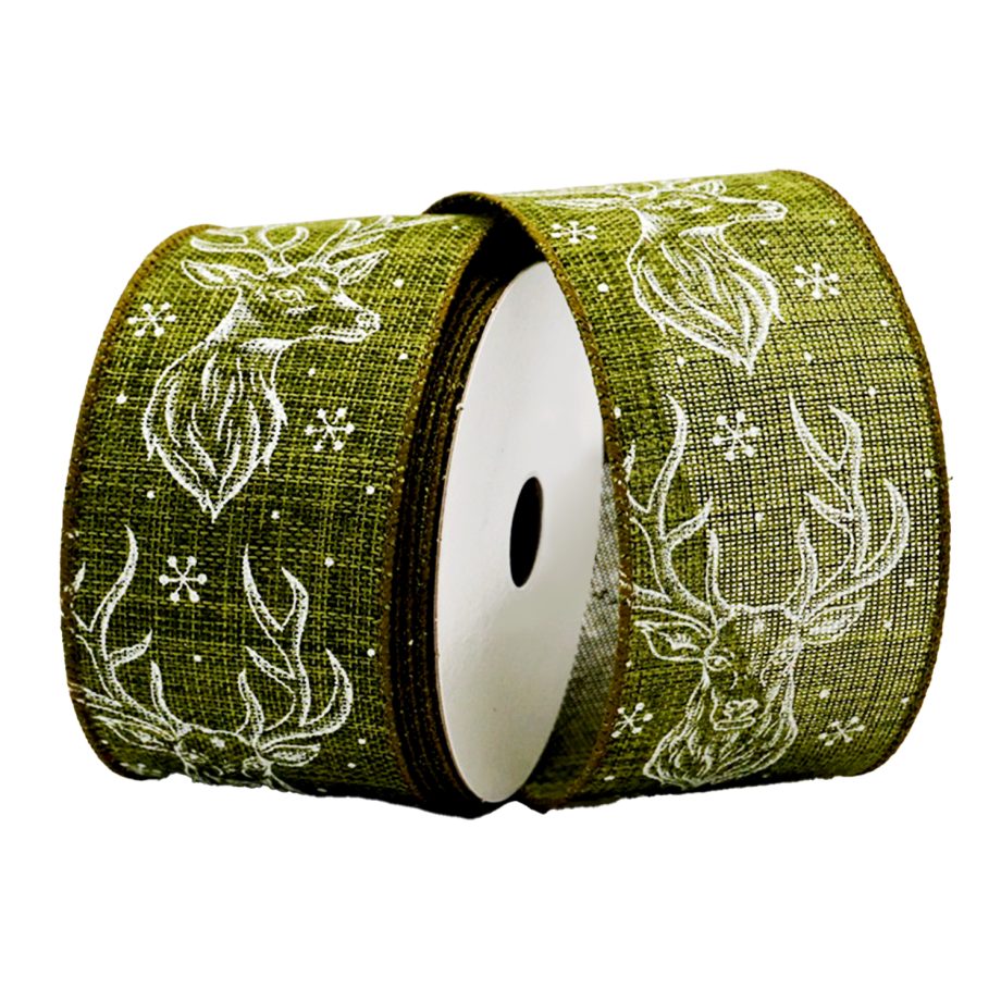 WIRED RIBBON 2.5"x10 YDS. FROST GREEN W/ REINDEER HEAD