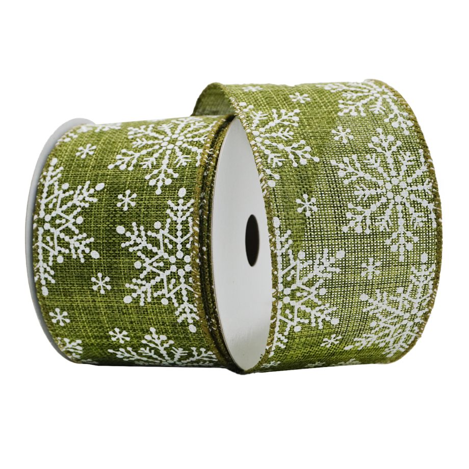WIRED RIBBON 2.5"x10 YDS. FOREST GREEN W/ SNOWFLAKES