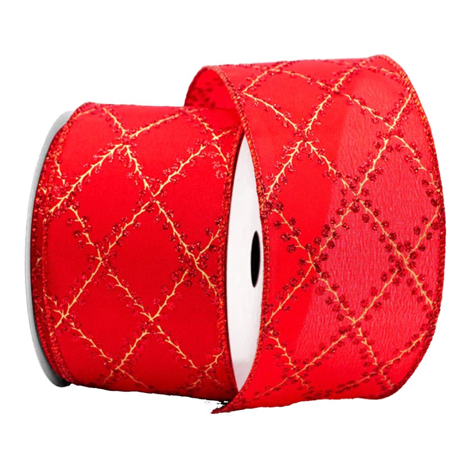 WIRED RIBBON 2.5"x10 YDS. RED SATIN W/ DIAMOND PATTERNS